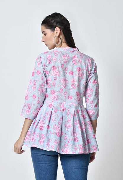 LIBOZA Women's Cotton Floral Print Box Pleated Kurti, Pink