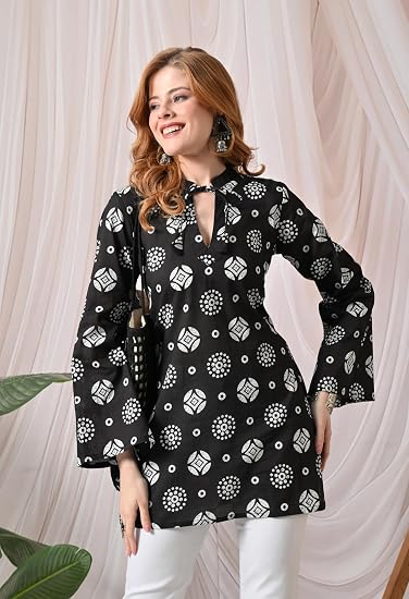 Pure Cotton Flex Print Short Kurti Full Umbrella Sleeves- Black