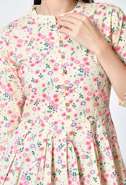 LIBOZA Women's Cotton Floral Print Box Pleated Kurti, Pink