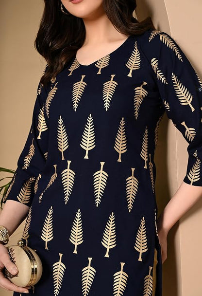 LIBOZA Short Kurti for Women for Jeans, Rayon Cotton Kurtis for Ladies, Gold Printed U Neck Women's Tunic Design Kurta, Top Floral Kurtas for Woman