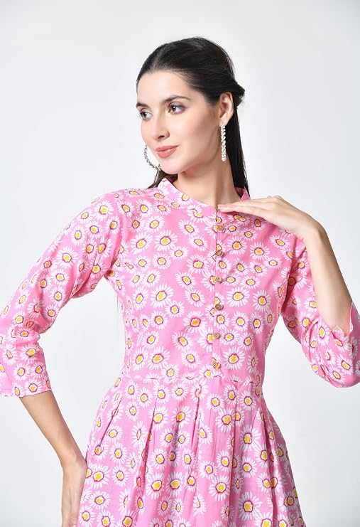 LIBOZA Women's Cotton Floral Print Box Pleated Kurti, Pink