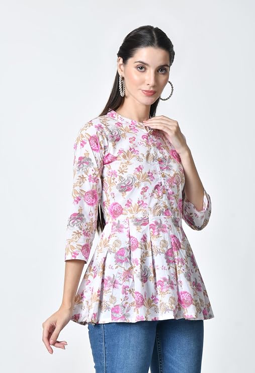LIBOZA Women's Cotton Floral Print Box Pleated Kurti, Pink