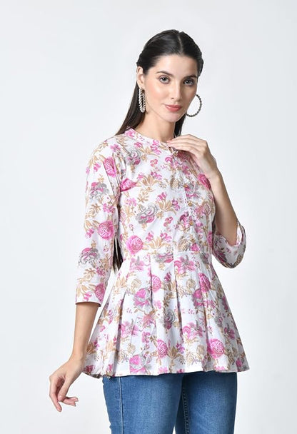 LIBOZA Women's Cotton Floral Print Box Pleated Kurti, Pink