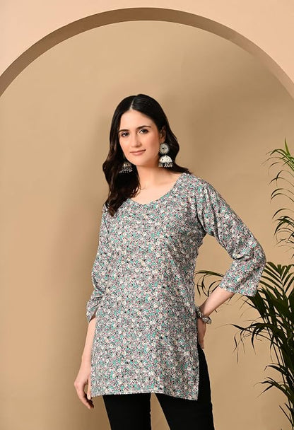 LIBOZA Cotton Short Kurti for Women Round Shape, Stylish Womens Kurtis Tunics Woman Kurta on Jeans | Shorts Tops Kurthis Top