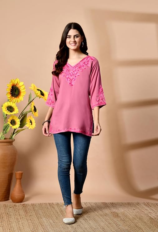 LIBOZA Embroidered Kashmiri Tunic Top, Short Kurti for Women on Jeans, V-Neck, 3/4 Sleeve, Floral Design,