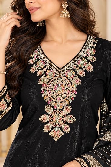 LIBOZA Women Kurta Pant Set with Dupatta Roman Glass Fabric-Black