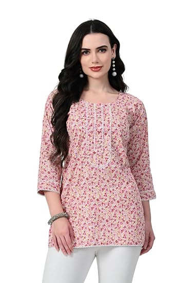 Jaipuri Round Neck Women's Tunic Design Kurta-Pink