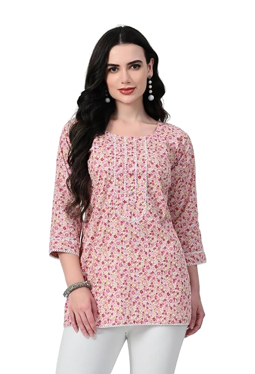 LIBOZA Short Kurti for Women for Jeans, Pure Cotton Kurtis for Ladies, Jaipuri Round Neck Women's Tunic Design Kurta, Fancy Top Floral Kurtas & Tunics for Woman