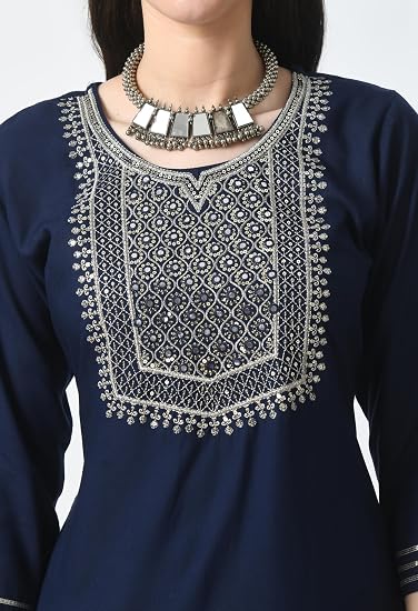 Embroidered Straight Design Kurtis for Woman-Navy Blue