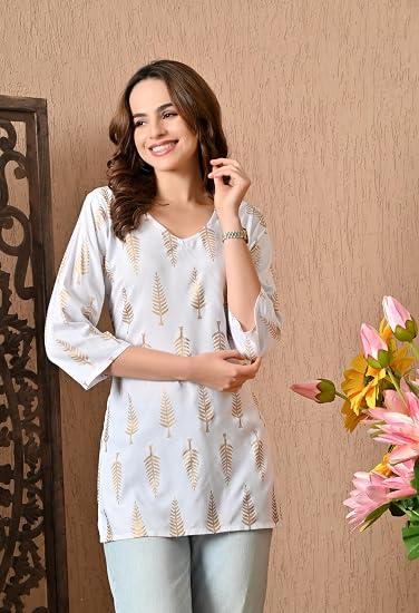 Gold printed Short Kurti for Women-White