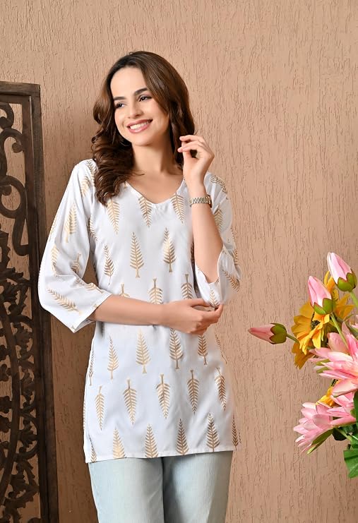LIBOZA Short Kurti for Women for Jeans, Rayon Cotton Kurtis for Ladies, Gold Printed U Neck Women's Tunic Design Kurta, Top Floral Kurtas for Woman