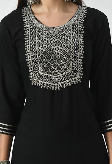 Embroidered Straight Design Kurtis for Woman-Black