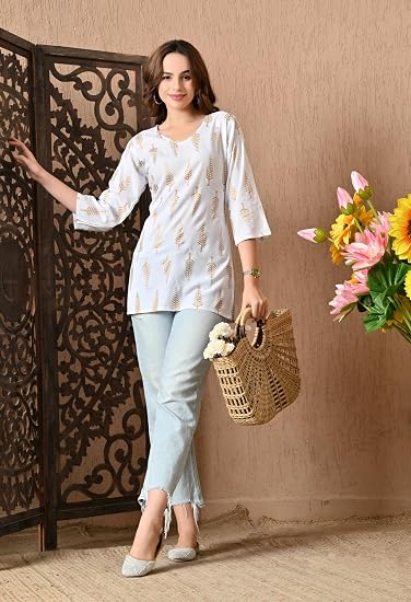 Gold printed Short Kurti for Women-White
