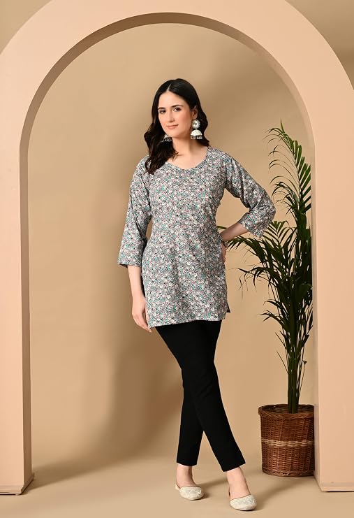 LIBOZA Cotton Short Kurti for Women Round Shape, Stylish Womens Kurtis Tunics Woman Kurta on Jeans | Shorts Tops Kurthis Top