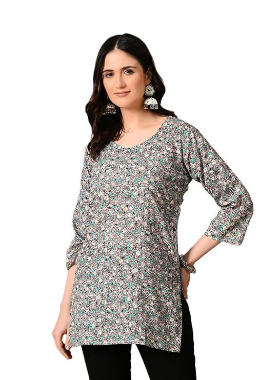 LIBOZA Cotton Short Kurti for Women Round Shape, Stylish Womens Kurtis Tunics Woman Kurta on Jeans | Shorts Tops Kurthis Top