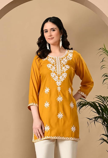 LIBOZA Women's Chikankari Embroidered Short Kurti, Rayon Fabric, Three-Quarter Sleeves, Available in Pink, Black, Mustard Yellow, White, Pista and Green