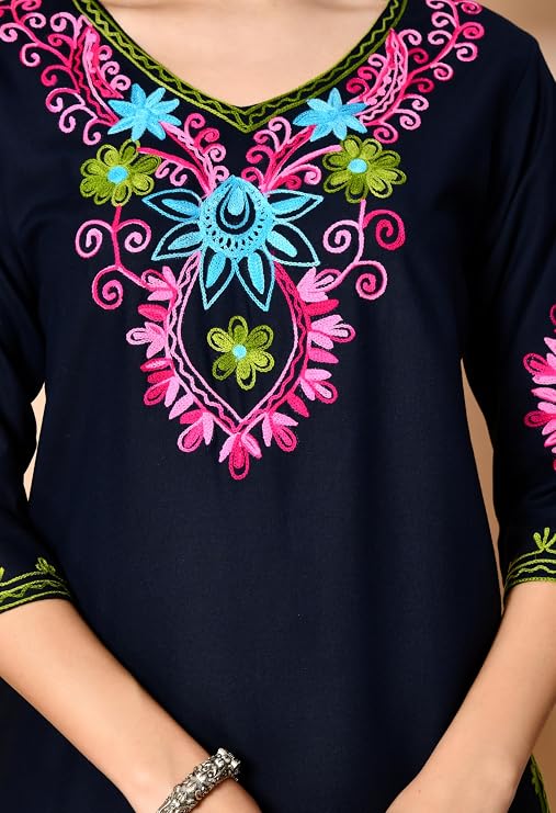 LIBOZA Embroidered Kashmiri Tunic Top, Short Kurti for Women on Jeans, V-Neck, 3/4 Sleeve, Floral Design,