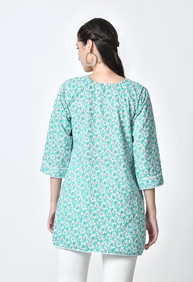Jaipuri Round Neck Women's Tunic Design Kurta-Aqua Green