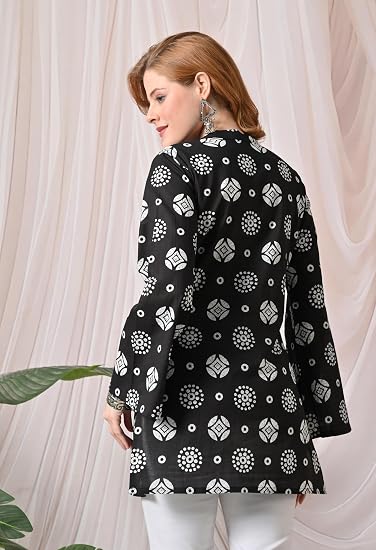 Pure Cotton Flex Print Short Kurti Full Umbrella Sleeves- Black