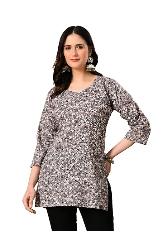 LIBOZA Cotton Short Kurti for Women Round Shape, Stylish Womens Kurtis Tunics Woman Kurta on Jeans | Shorts Tops Kurthis Top