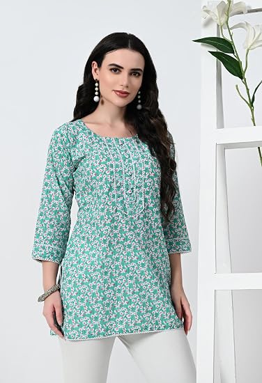 Jaipuri Round Neck Women's Tunic Design Kurta-Aqua Green