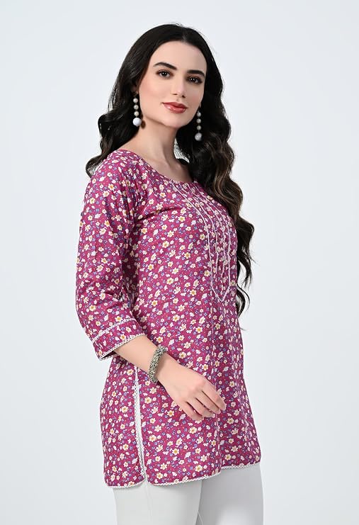 LIBOZA Short Kurti for Women for Jeans, Pure Cotton Kurtis for Ladies, Jaipuri Round Neck Women's Tunic Design Kurta, Fancy Top Floral Kurtas & Tunics for Woman