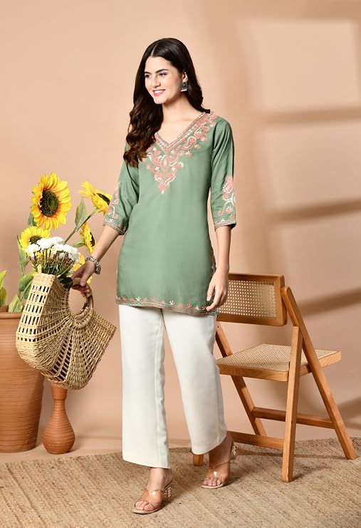 LIBOZA Embroidered Kashmiri Tunic Top, Short Kurti for Women on Jeans, V-Neck, 3/4 Sleeve, Floral Design,