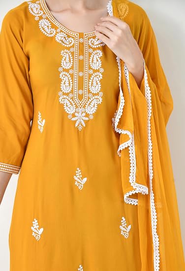 Chikankari Kurta Set for Women-Yellow