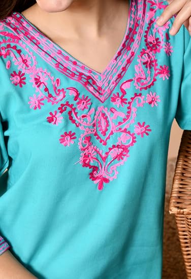 Embroidered Kashmiri Short Kurti -Sea Green