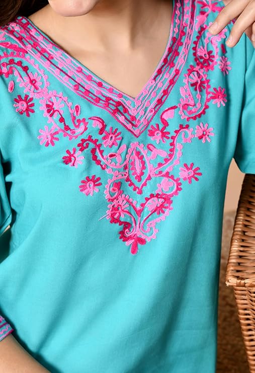 LIBOZA Embroidered Kashmiri Tunic Top, Short Kurti for Women on Jeans, V-Neck, 3/4 Sleeve, Floral Design,