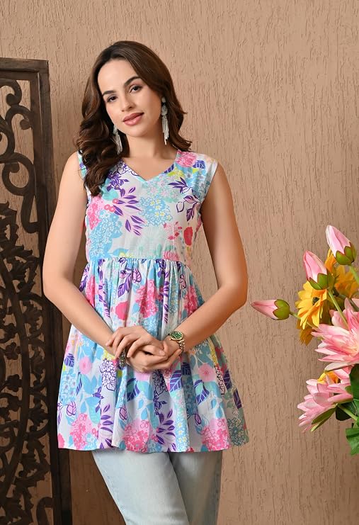 LIBOZA Peplum Cotton Tops for Woman, Stylish Sleeveless Short Kurti for Women on Jeans, Modern Design Top
