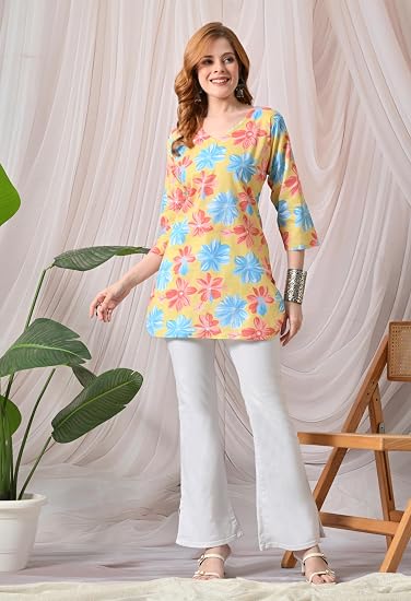 Cotton Short Kurti for Women Round Shape- Yellow