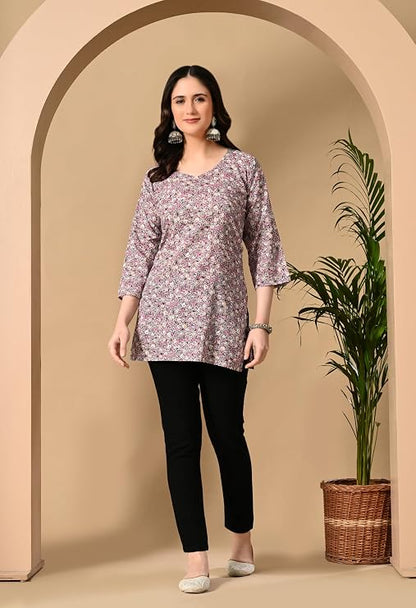 LIBOZA Cotton Short Kurti for Women Round Shape, Stylish Womens Kurtis Tunics Woman Kurta on Jeans | Shorts Tops Kurthis Top