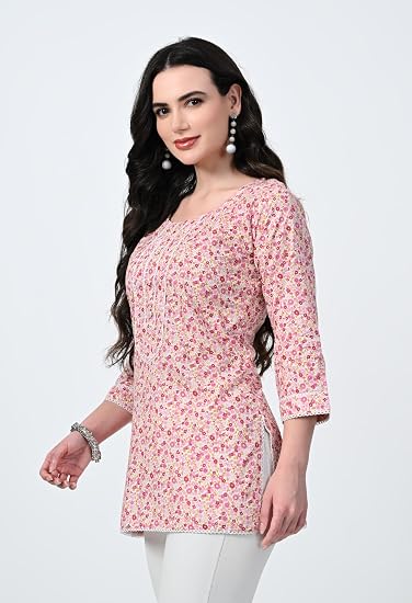 Jaipuri Round Neck Women's Tunic Design Kurta-Pink
