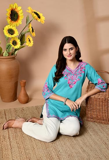Embroidered Kashmiri Short Kurti -Sea Green