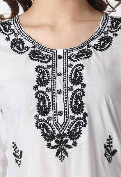 LIBOZA Kurta for Women – Embroidered Ladies Kurti, Stylish Girls Top, Ethnic Full Kurtas, Straight Design Kurtis for Woman White