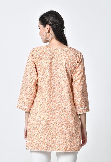 Jaipuri Round Neck Women's Tunic Design Kurta-Orange