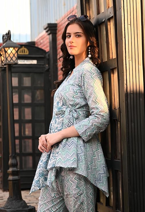 LIBOZA Women's Floral Print Cotton Angrakha Kurta with Pant Set – Stylish Ethnic Wear for All Occasions, Comfortable & Trendy Design