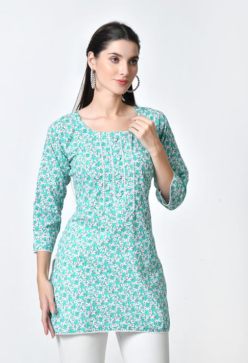 LIBOZA Short Kurti for Women for Jeans, Pure Cotton Kurtis for Ladies, Jaipuri Round Neck Women's Tunic Design Kurta, Fancy Top Floral Kurtas & Tunics for Woman