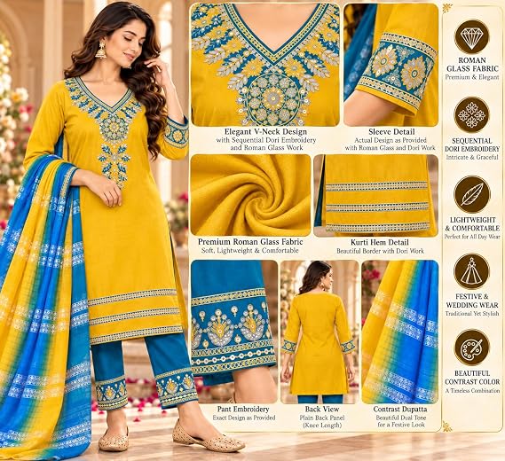 LIBOZA Women Kurta Pant Set with Dupatta Roman Glass Fabric-Yellow