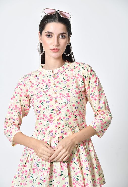 LIBOZA Women's Cotton Floral Print Box Pleated Kurti, Pink