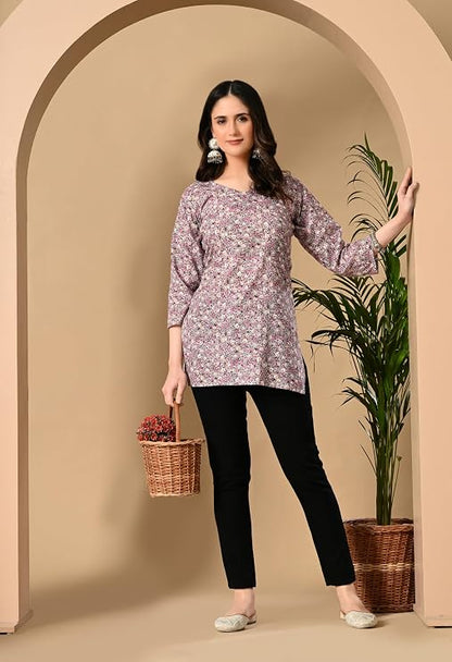 LIBOZA Cotton Short Kurti for Women Round Shape, Stylish Womens Kurtis Tunics Woman Kurta on Jeans | Shorts Tops Kurthis Top