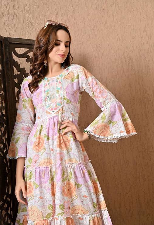 LIBOZA 100% Cotton Floral Print Tiered Midi Dress, Bell Sleeves, Lace Trim Detail, White and Multicolour for Women, Office, Party, All Occassions
