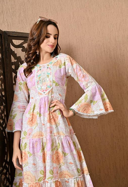 LIBOZA 100% Cotton Floral Print Tiered Midi Dress, Bell Sleeves, Lace Trim Detail, White and Multicolour for Women, Office, Party, All Occassions