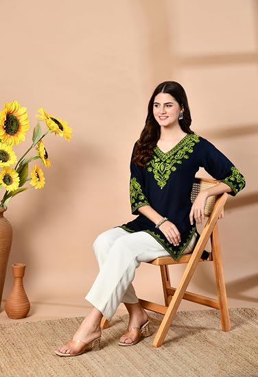 Embroidered Kashmiri Short Kurti -Navy Blue