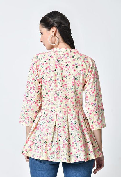 LIBOZA Women's Cotton Floral Print Box Pleated Kurti, Pink