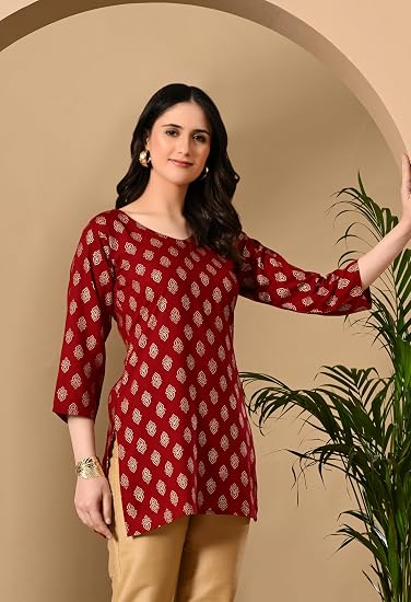 Rayon Cotton  Short Kurtis for Ladies-Red