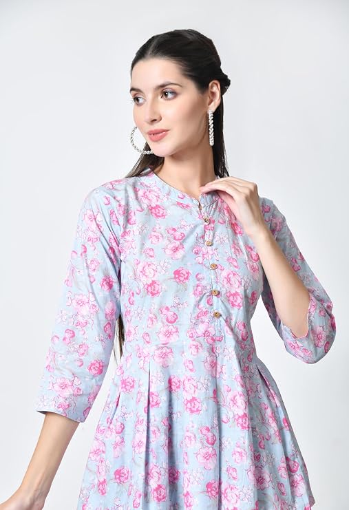 LIBOZA Women's Cotton Floral Print Box Pleated Kurti, Pink