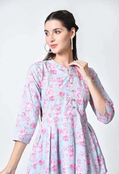 LIBOZA Women's Cotton Floral Print Box Pleated Kurti, Pink