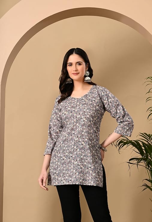 LIBOZA Cotton Short Kurti for Women Round Shape, Stylish Womens Kurtis Tunics Woman Kurta on Jeans | Shorts Tops Kurthis Top